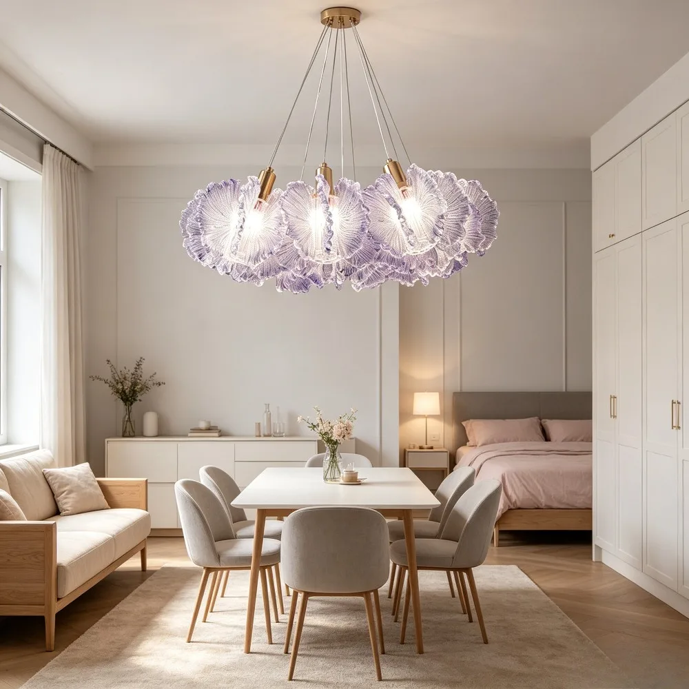 Modern Flower Petal Chandelier Pink for Bedroom Living Room Round French Clear Flower Pendant Lights for Foyer Dining Room Lamp