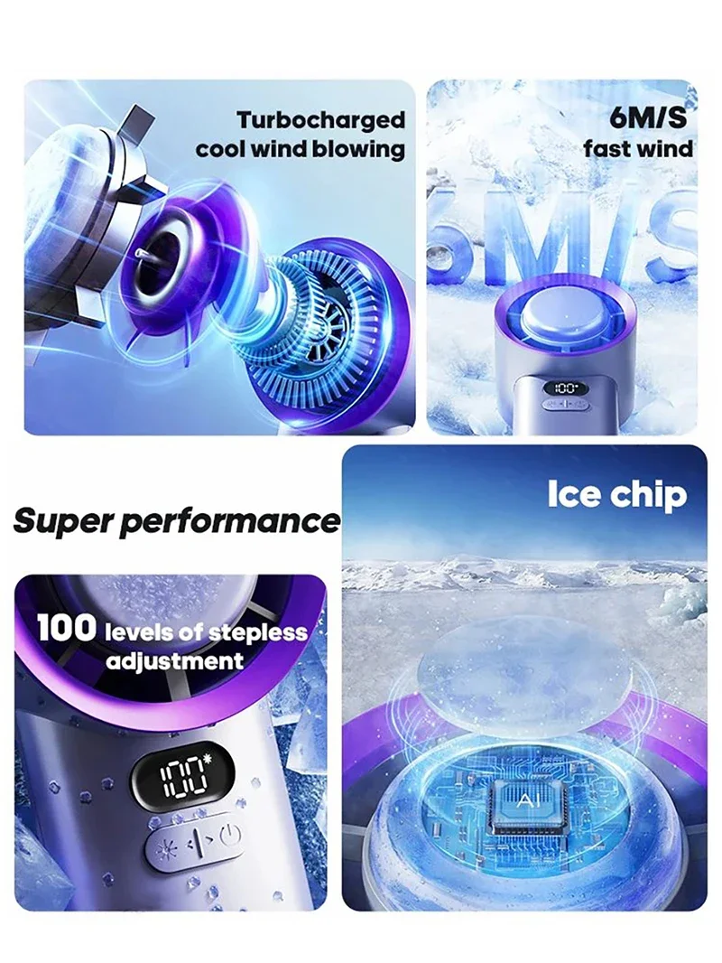 Portable 3600mAh Handheld Mini Fan Foldable Neck Hanging Fans USB Rechargeable Fan with Phone Stand and Display Screen