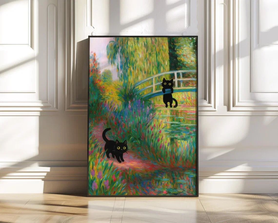 Black Cat Garden Print, Monet Impressionist Style, Colorful Floral Landscape Poster, Digital Download Wall Art, Cat Lover Gif