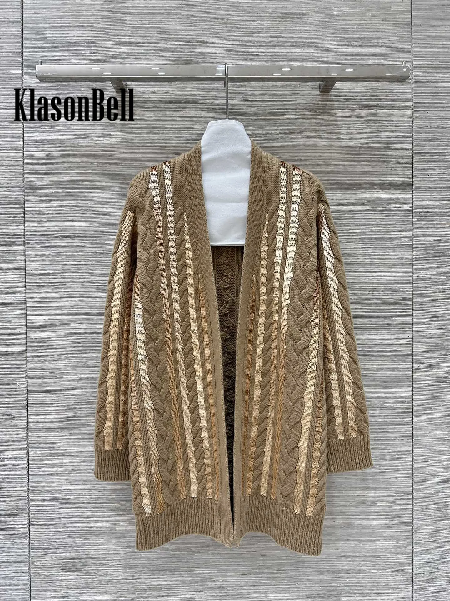 1.12 KlasonBell 100% Cashmere Knitted Cardigan Sequins Embroidery Weave Twist Flower V-Neck Loose Long Coat Women