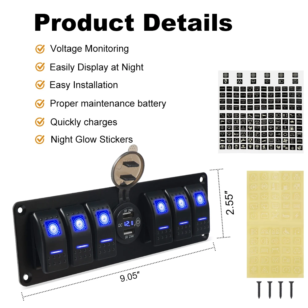 Universal 6+1 Toggle Switch Panel LED Waterproof  Dual USB Charger 2 Port Power Socket 12-24V For Automotive Car Marine Boat RV