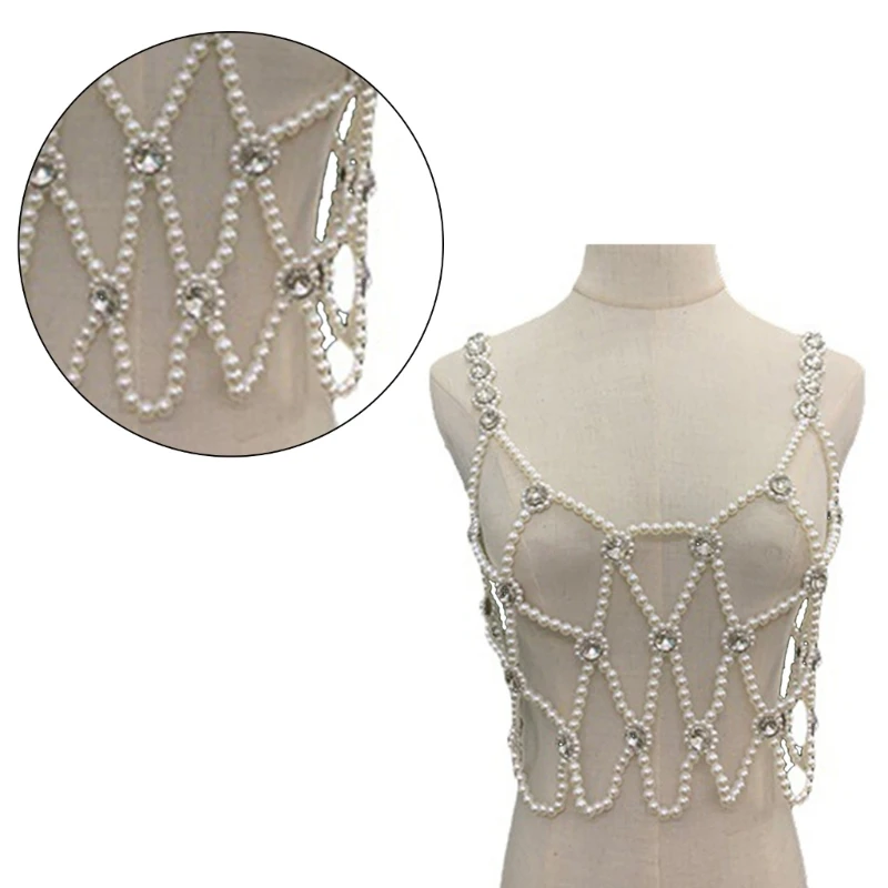 Pearl Crytstal Harness Crop Top Body Chain Handmade Beaded Camisole Mini Vest for Women Party Nightclub Body Jewelry N7YE