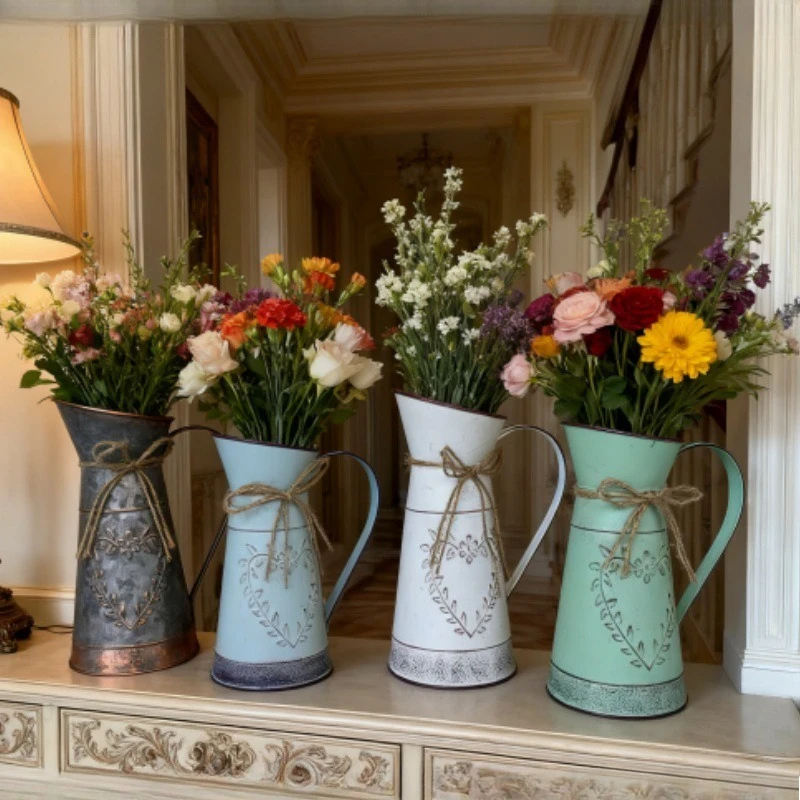 Vintage Vase Metal Rustic Embossed Vase Jute Rope Farmhouse Iron Ornament Vases Home Table Wedding Floral Arrangement Decor