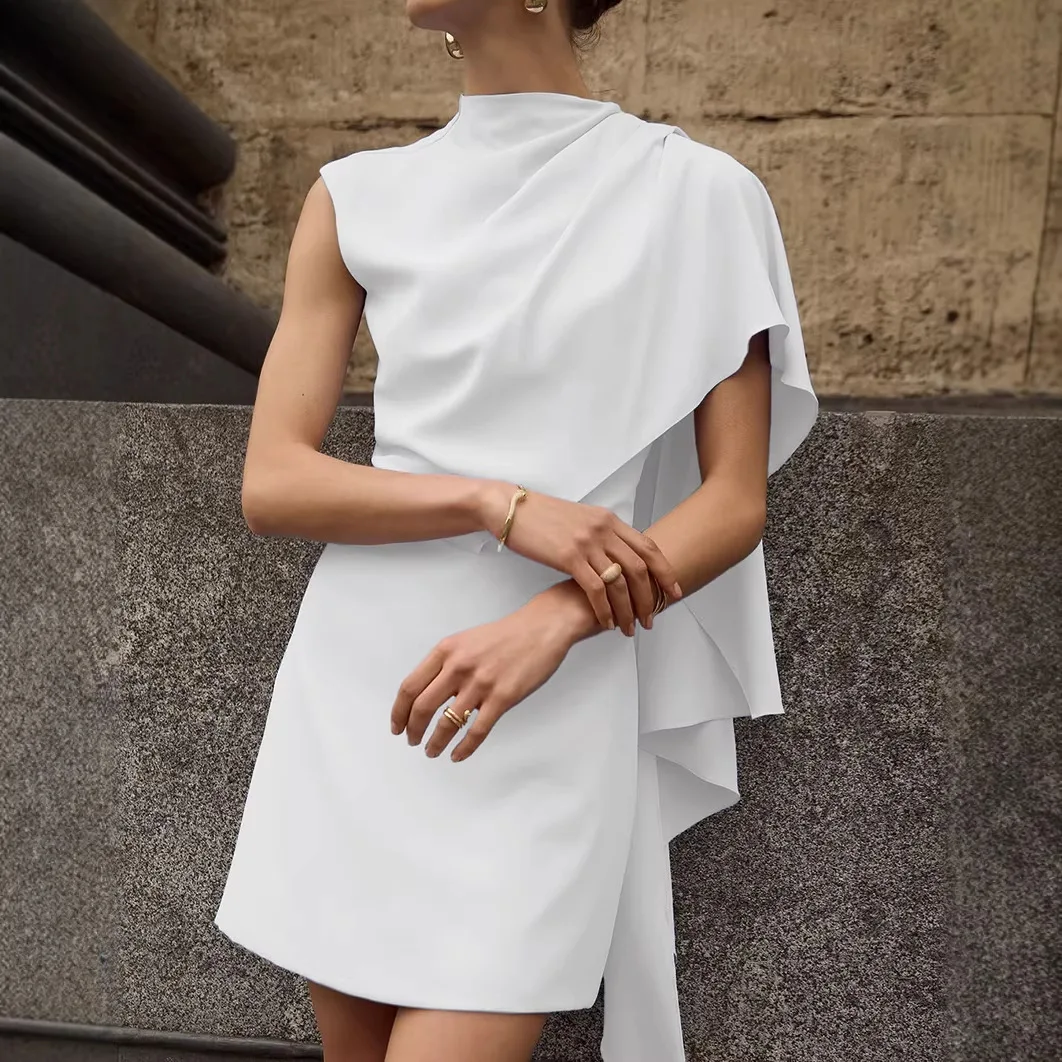 2026 Summer Design Sense White Irregular Sleeveless Waist Temperament Commuting Versatile Dress Women
