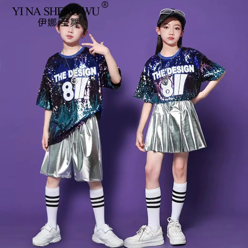 Kinder Jazz Hip-Hop Kostüme Jungen und Mädchen Alltagskleidung Cheerleading Street Dance Performance Mode Pailletten Kostüm