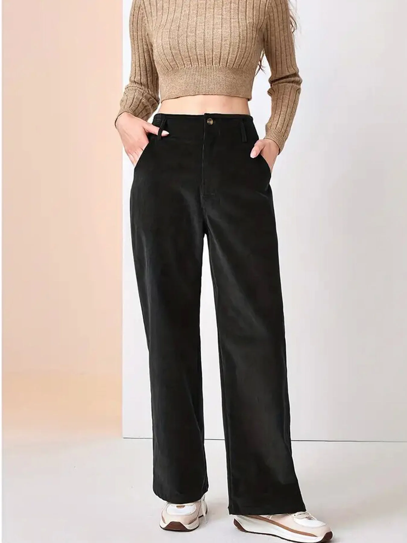 Fashionable Womens Trousers High-waisted Slim Commuting Style Solid Color Micro Elasticity Autumn Winter Pocket Straight Trouser