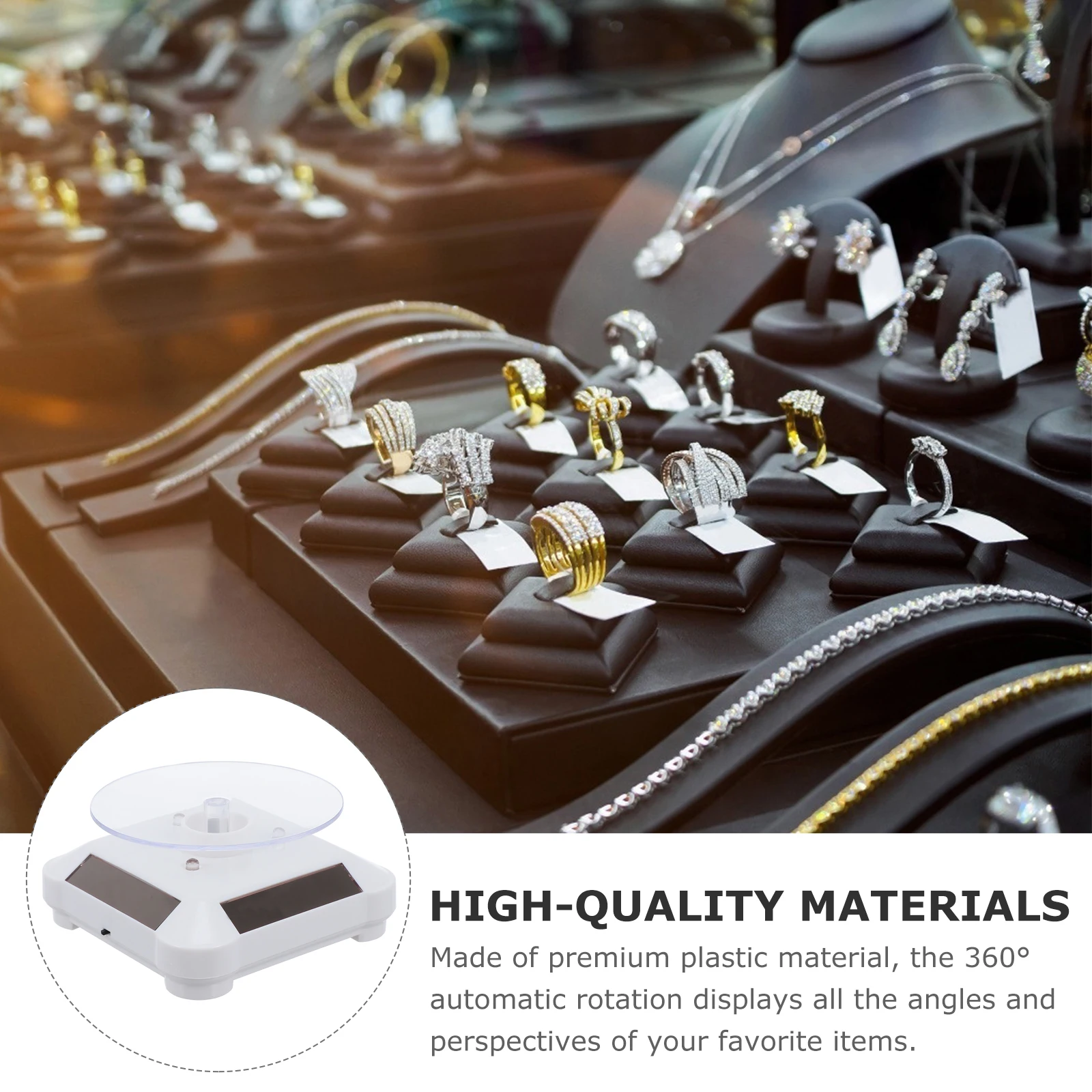 

360 Degree Motorized Rotating Display Stand with Solar Panel on 4 Sides for Jewelry Watches Phones Mini Items Showcase