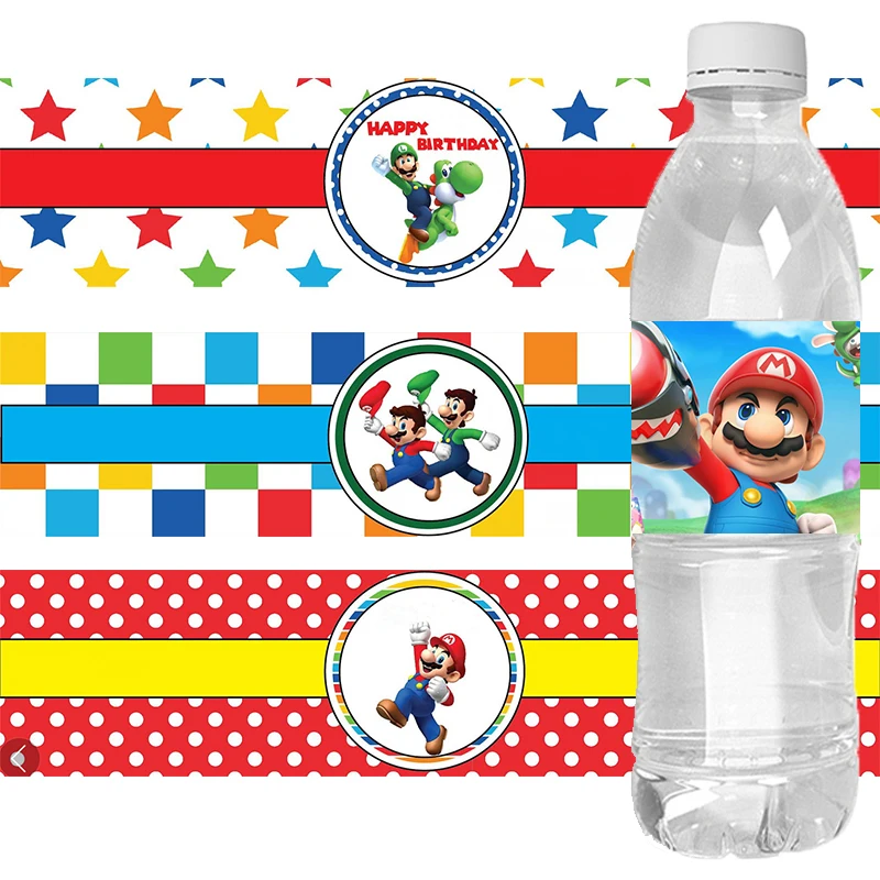 

6pcs Super Mario Theme Water Bottle Sticker Wedding Baptism Communion Baby Shower Birthday Party Gift Label Anniversary Decorate