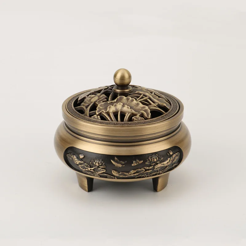 Flat Low Three-Legged Carved Copper Incense Burner Aromatherapy Furnace Ornament Home Craft