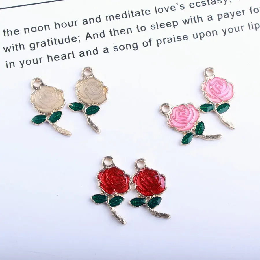 Rose with Branches Enameled Dark Green Leaves and Flowers Alloy Charm 13 * 20 Mm Necklace Pendants Jewelry Crafts 10PCS