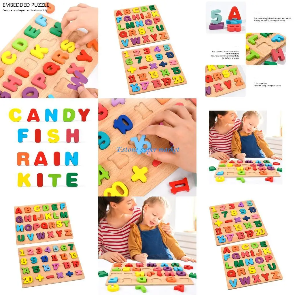 Puzzle amusant 090B avec 26 lettres en bois colorées, cadeau éducatif pour l'apprentissage précoce