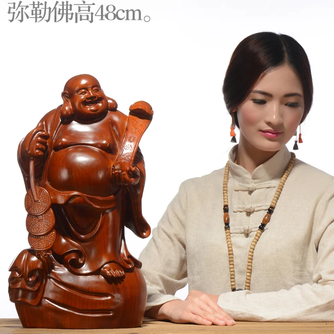 HOME Company store bring in wealth making money The God of Maitreya Buddha Handmade Yellow pear wood carving statue