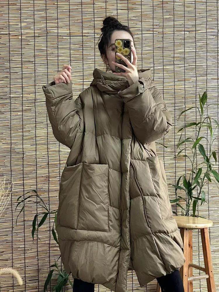 Schinteon Women White Duck Down Long Jacket with Hood Loose Over Size Coat Autumn Winter Warm Outwear Korean Style Big Pockets
