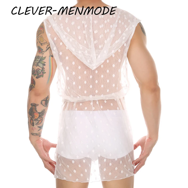 Men's sexy Ultra-Thin See-through Bathrobe Men's Nightgown Skirt Cardigan Bathrobe Sleeveless Hooded Clear Nightdress