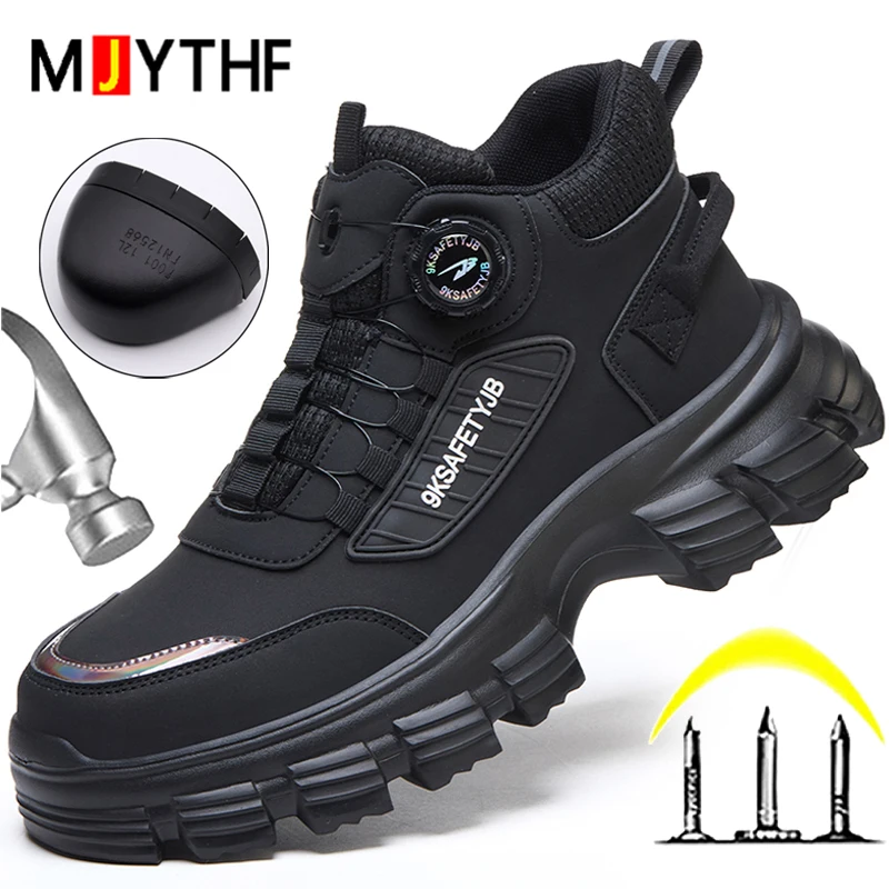 Rotating Button Men Work & Safety Shoes Anti-Smash Anti Puncture Work Boots Steel Toe Shoes Protection Boots Platform Work Shoes