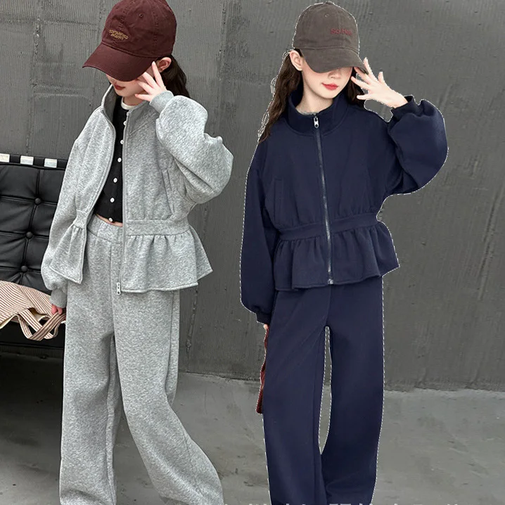 

2025 Autumn Kids Girls Sets Round Neck Long Sleeves Coat+Elastic Waist Sweatpant Children Girls Sets 4-14Y Girls Two-piece Sets