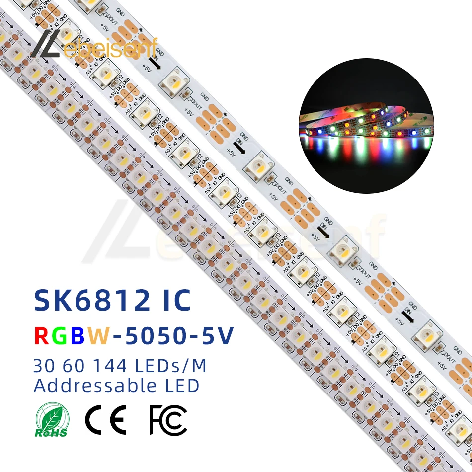 

RGBW SK6812 5V LED Magic Colour Pixel Flexi Strip Light 30 60 144 LEDs/M Individually Addressable Built-in 6812 IC 4 in 1 Colour