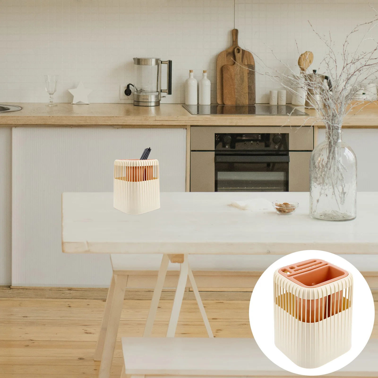 

Yellow Plastic Flatware Cylinder Multifunctional Utensil Storage Rack Countertop Kitchen Tool Organizer Rotating Draining Design