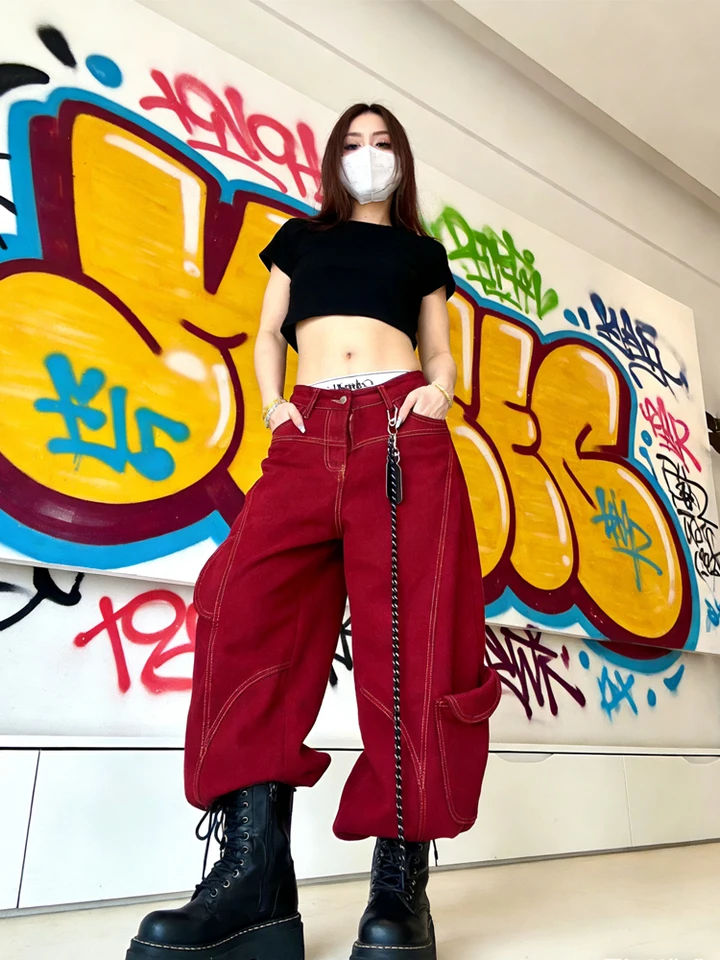 Street Vintage Jeans New Y2K Harajuku Wash Red Streetwear Baggy