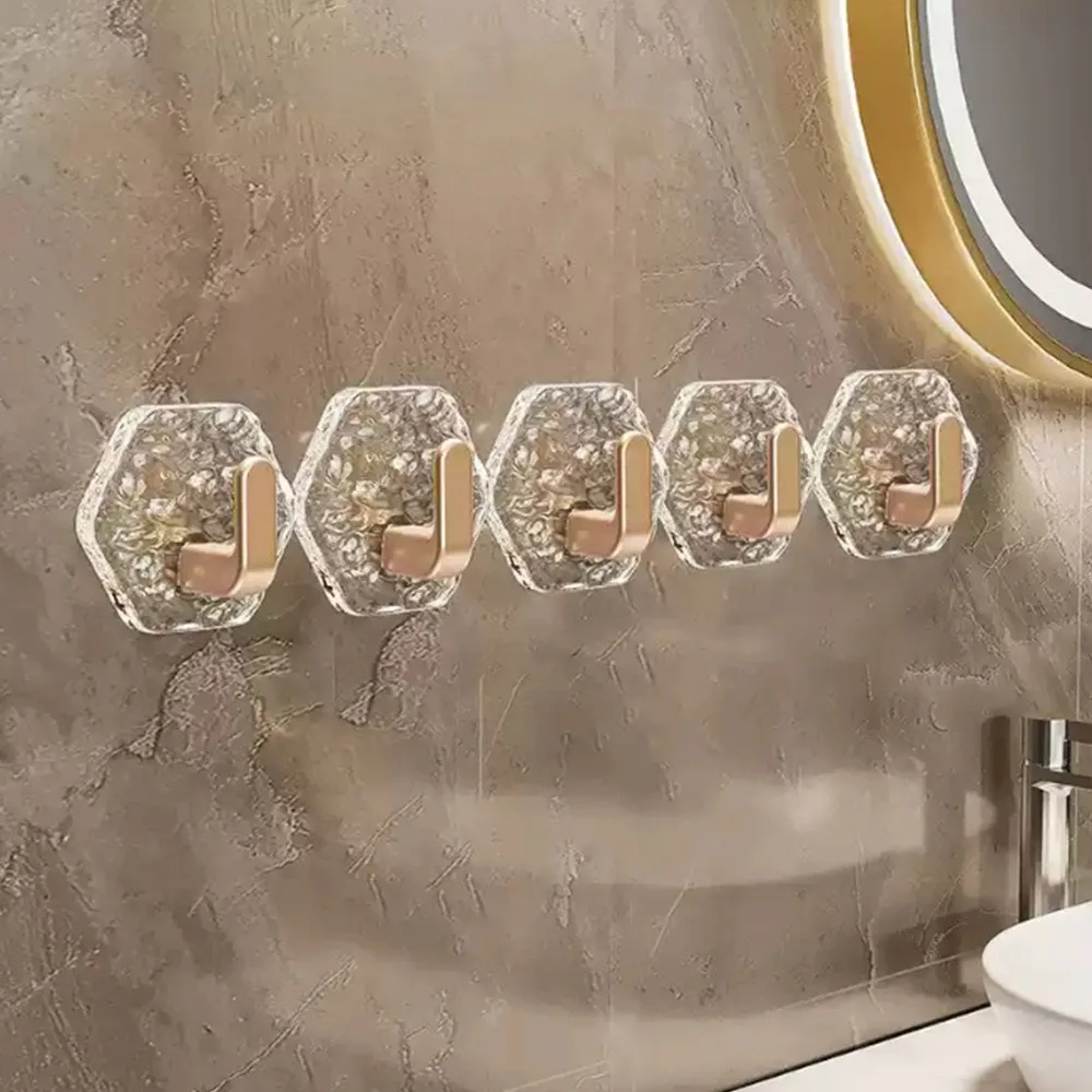 5Pcs Hexagonal Shape Self Adhesive Hooks Water Ripple Texture Waterproof Wall Hooks Removable Rustproof No Drill Hooks