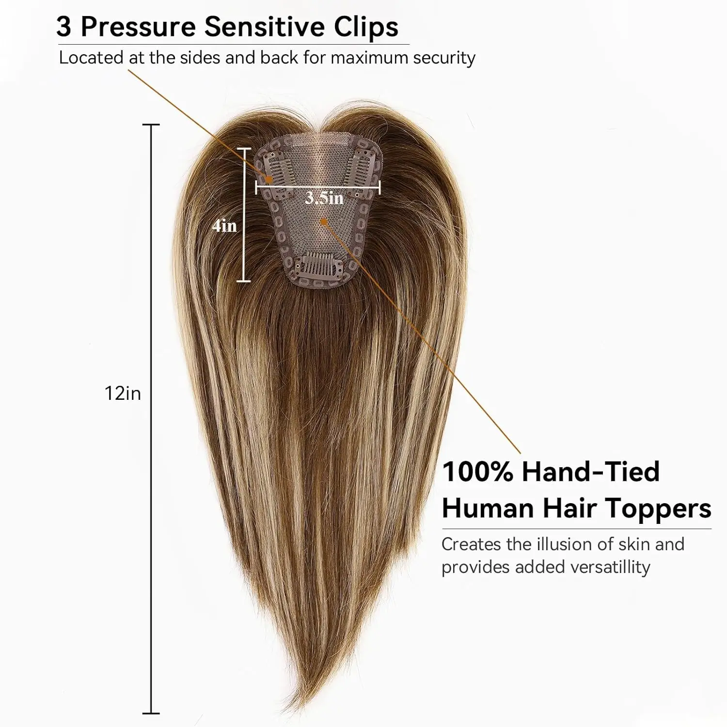 12in Remy Human Hair Toppers for Women Brown Blonde Highlights Topper 100% 3.5*4in Hand-Tied Hair Toppers with Swiss Lace Base