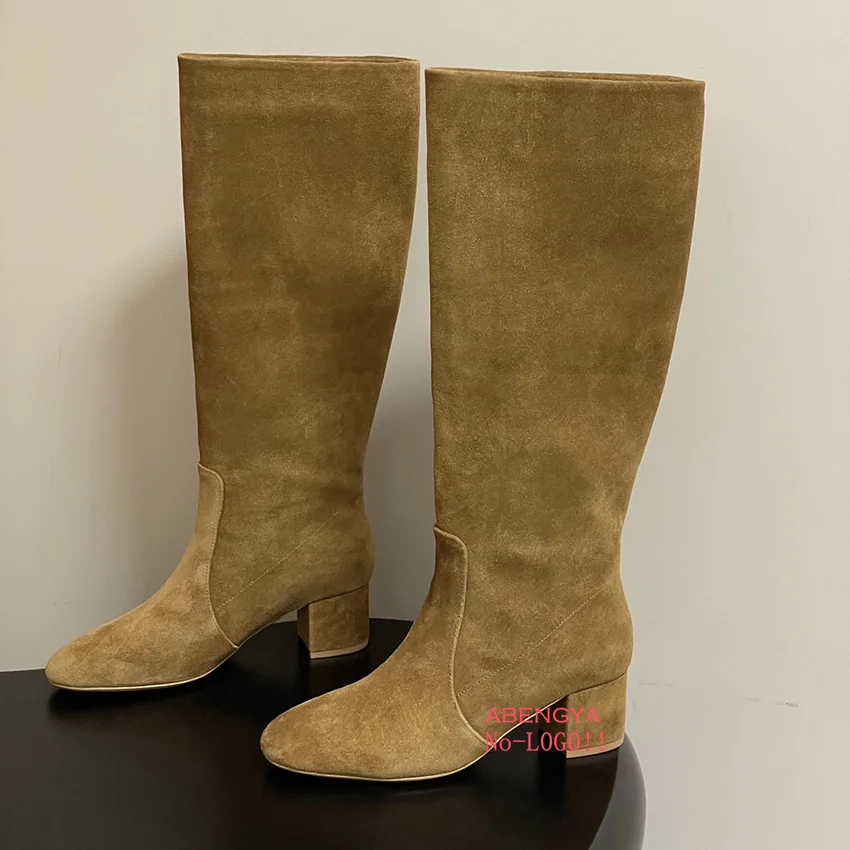 Hot Sale Winter Black Suede Knee High Boots For Women Designer Chunky Middle Heel Long Boots Party Chelsea Boots For Women