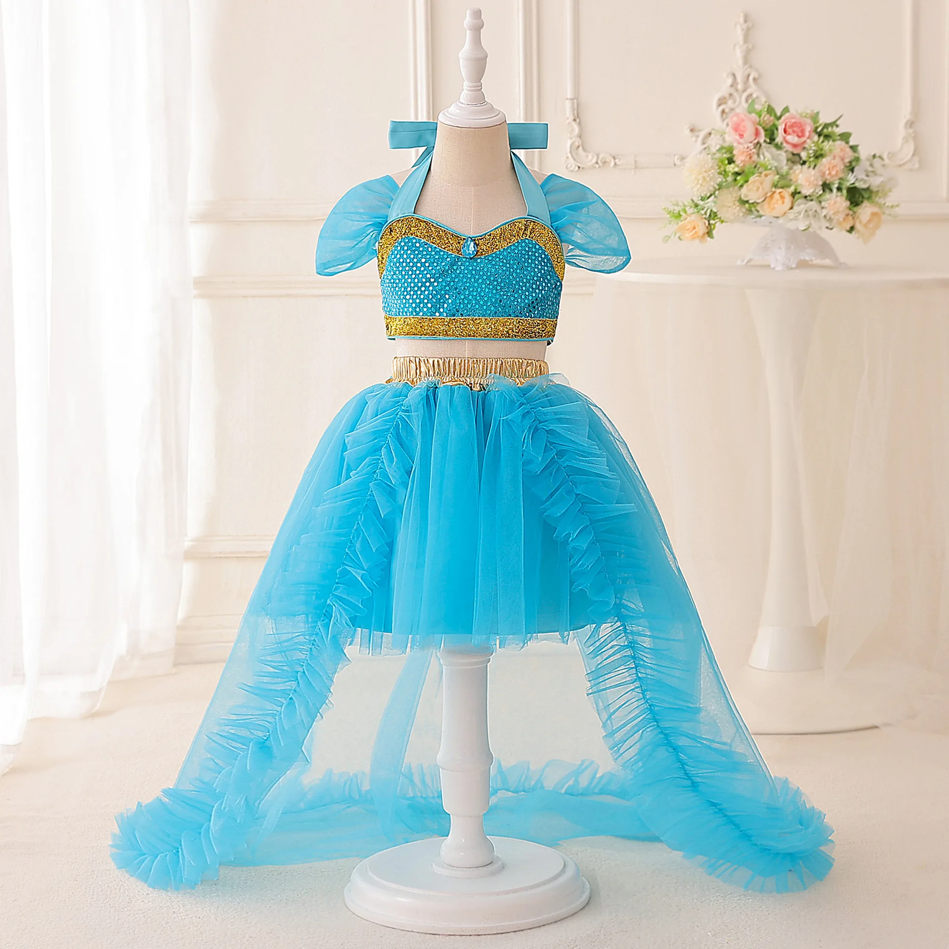 Girls Jasmin Princess Costume Dress with Detachable Tail Genie Lamp Inspired Gown For Halloween Christmas Party