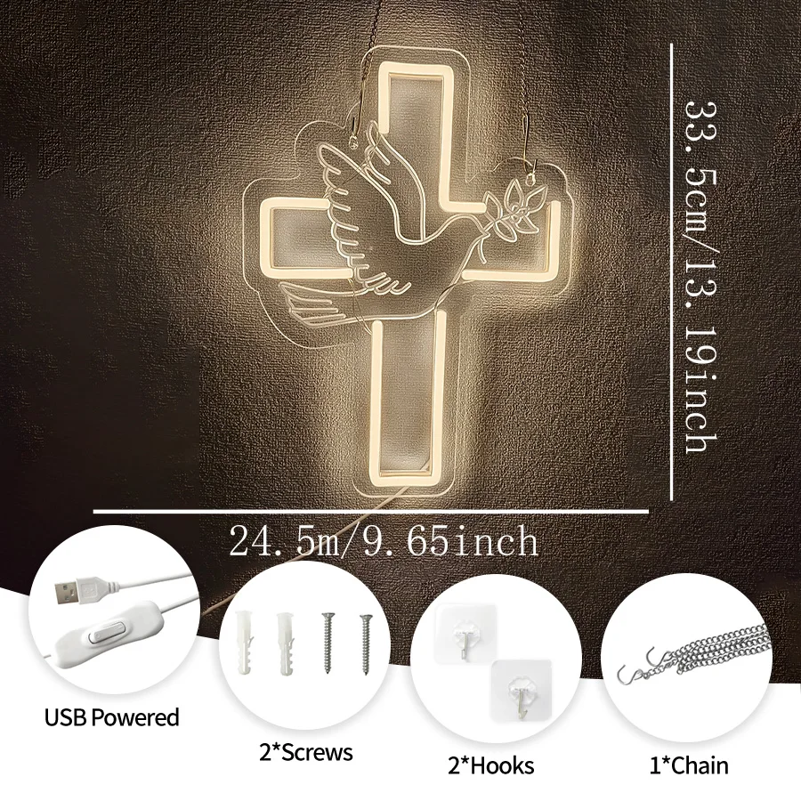 Cross Led Neon Sign, Warm White Dove Icon Usb Powered For Jesus Church, Wedding,Home, Easter Activities Decor, Easy To Hang.