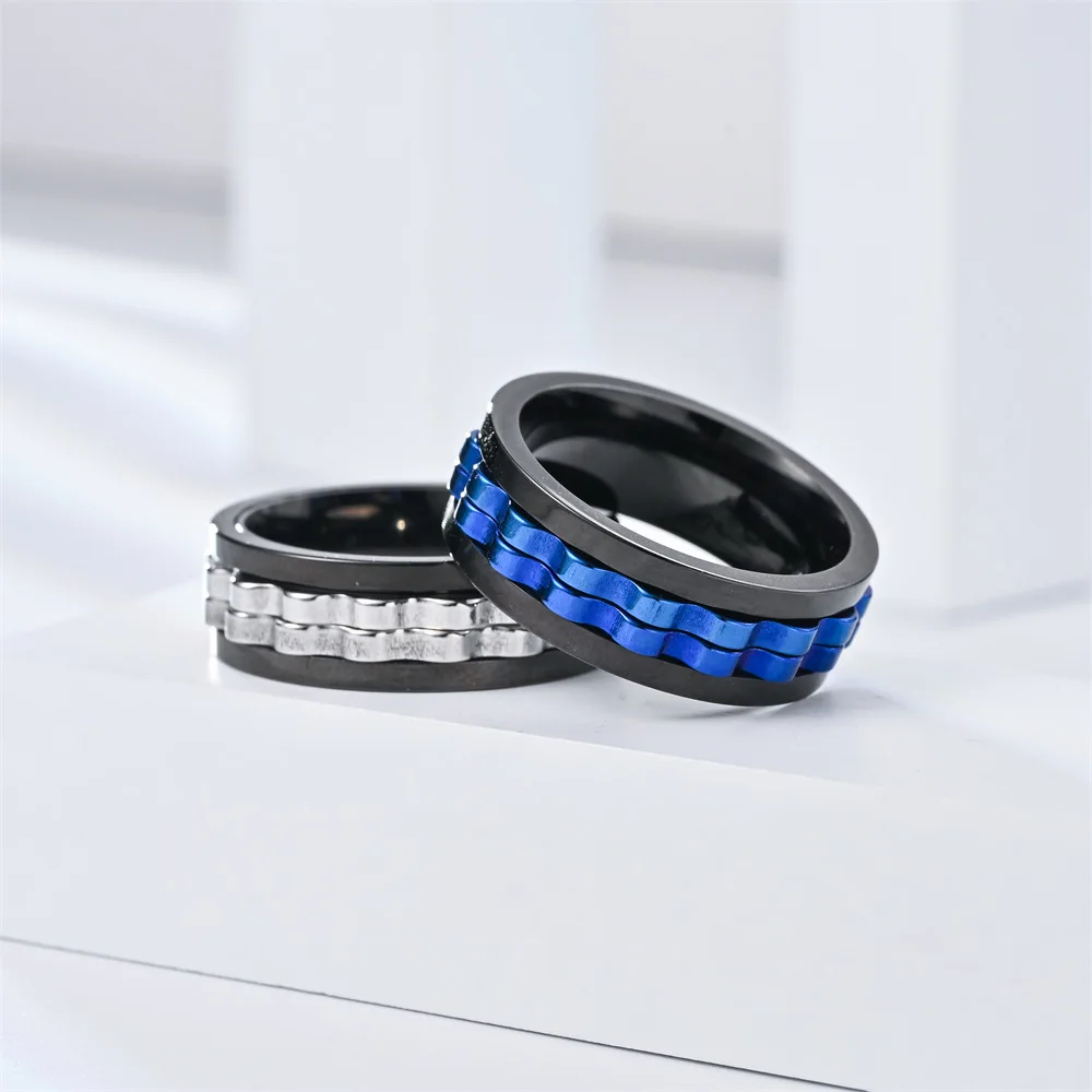 Anti Stress Stainless Steel Ring For Men Gear Chain Rotating Anxiety Relief Spinning Fidget Rings Punk Jewelry Halloween gifts