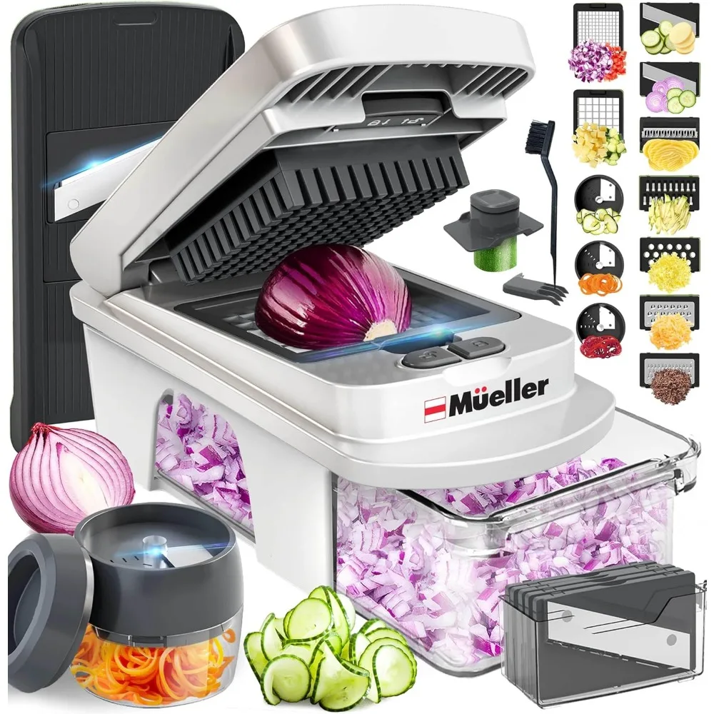 12-Blade Mandoline Slicer, Food Chopper, Vegetable Spiralizer with Container - Kitchen Gadgets Set in White/Gray