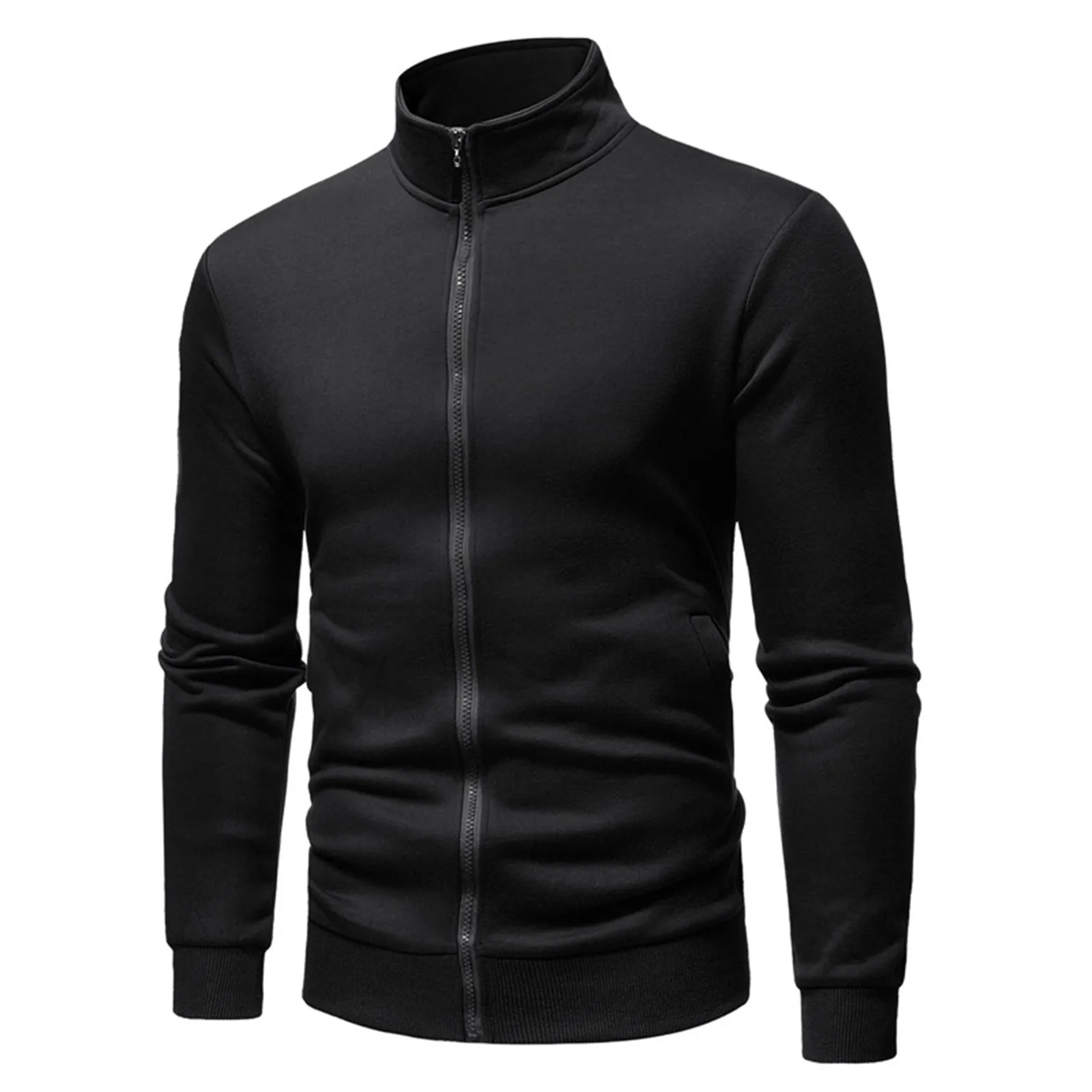 Men'S Fleece Jacket Soft Warmth Windproof Full Zip Casual Solid Color Long Sleeve Coat Stand Slim Hoodie Medium Fleece Pullover