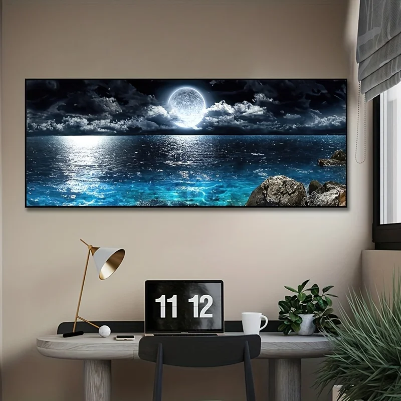 Large Horizontal Moonlit Sea Canvas Print | Night Ocean with Full Moon Wall Art | Modern Coastal Home Decor