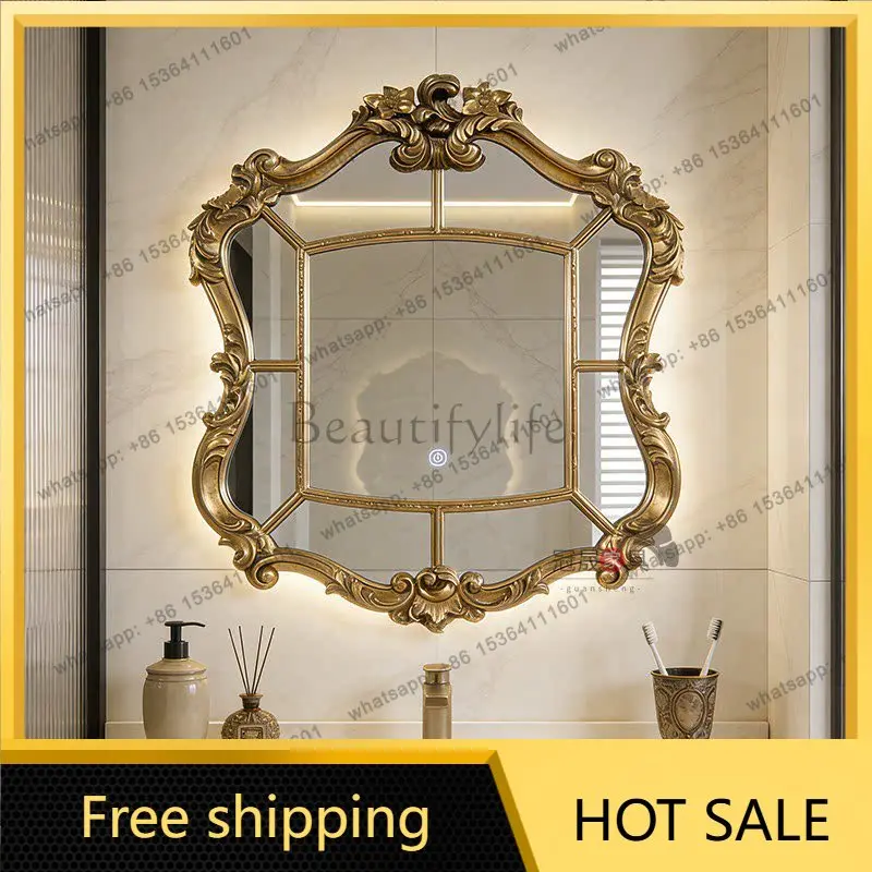 European retro bathroom mirror wall hanging living room entrance fireplace American special-shaped carved smart makeup mirror