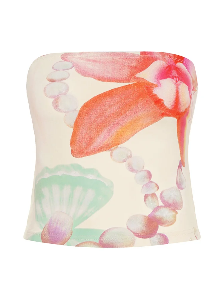 

CHRONSTYLE Floral Seashell Print Tube Tops Women Sexy Strapless Off Shoulder Backless Bustiers Corsets Exposed Navel Summer Tank