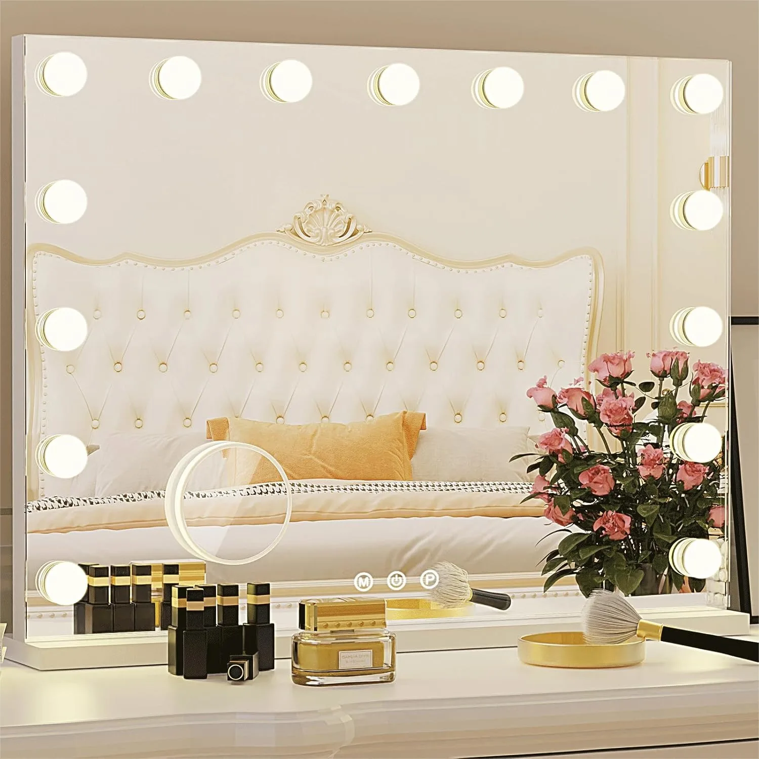Hollywood Vanity Mirror With Lights 15 Replaceable Bulbs 3 Color Lights Aluminum Metal Frame USB Charging Port 23x18 Inch