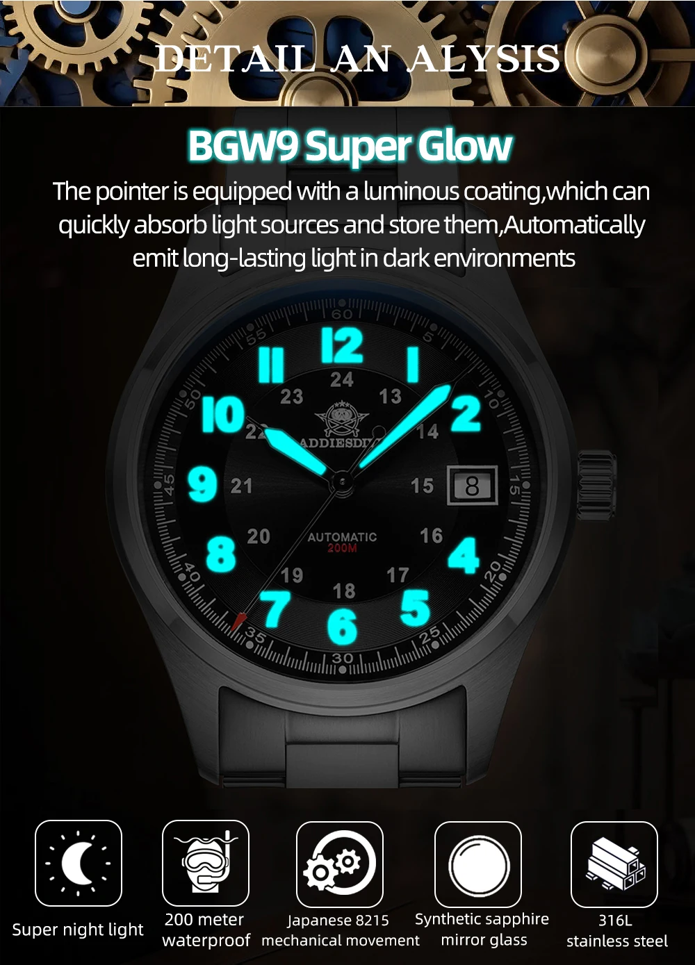ADDIESDIVE Men Luxury Automatic Mechanical Watch 8215 Movement Sapphire Glass 200M Waterproof Luminous Analog Wristwatches AD2525