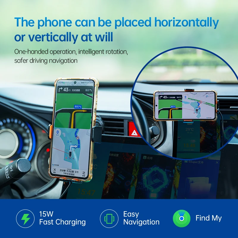 Pengisi Daya Nirkabel Cepat 15W untuk Mobil, Penyangga Ponsel, Pelacak GPS untuk iPhone iPad dengan Aplikasi Temukan Saya, Otentifikasi MFi