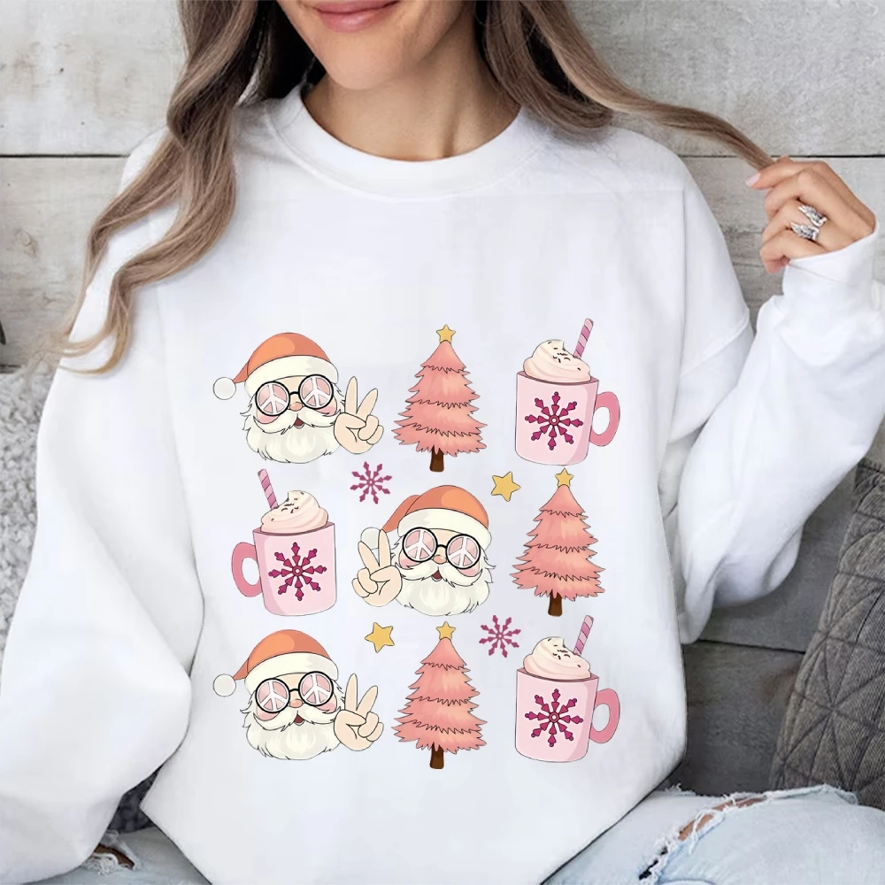 Ladies Cotton Hoodie Sweater Christmas Style Santa Pine Graphic Print Chic Loose Shoulder New Trend Crew Neck Sweatshirt