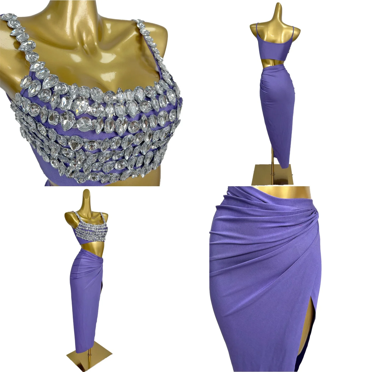 

Блестящий жилет с большими кристаллами, укороченный топ, длинная юбка из спандекса, комплект из 2 предметов, сексуальный женский костюм для ночной вечеринки, сценического танца, наряд Beixin