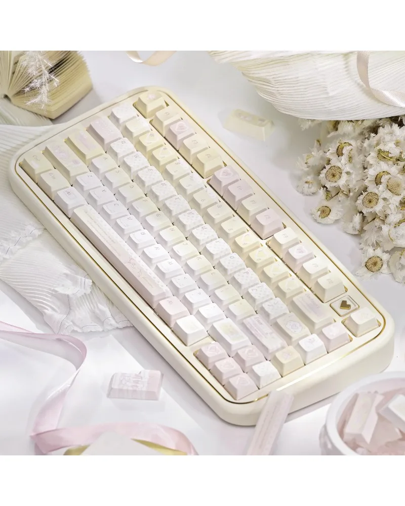 Warm beige with pink accents durable pbt keycaps set high quality for gaming mechanical keyboards