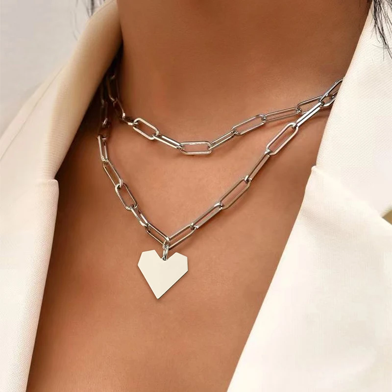 

Double-Layer Silver Heart Pendant Necklace Trendy Hip-Hop Jewelry for Party Vacation Concert Daily Wear Versatile Classic Style