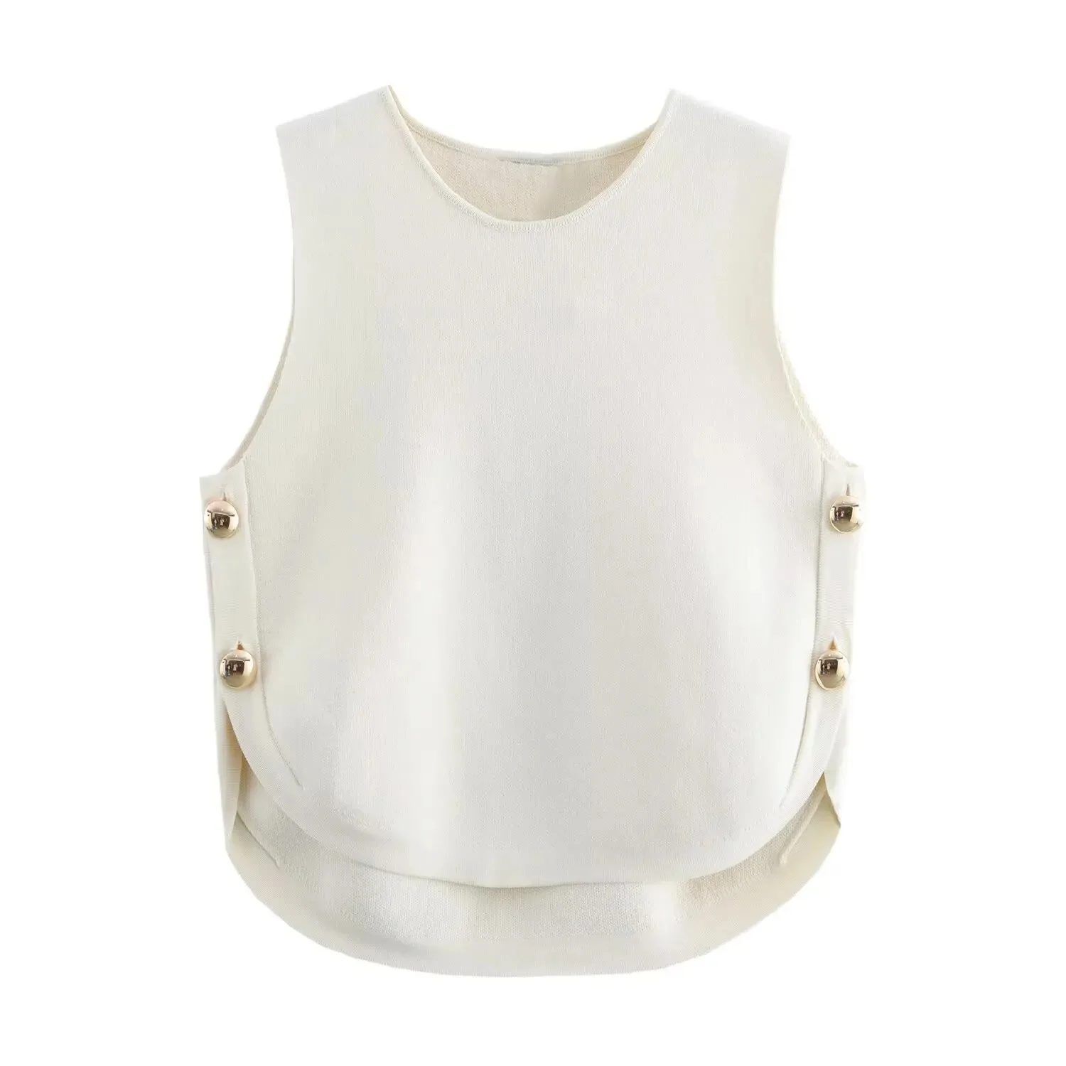 TRAFSHE Vrouw Zijknoppen Gebreid Vest Casual Slanke Mouwloze Hoge Lage Zoom O Hals Tanks Y2K Herfst Crop Top 9598/133