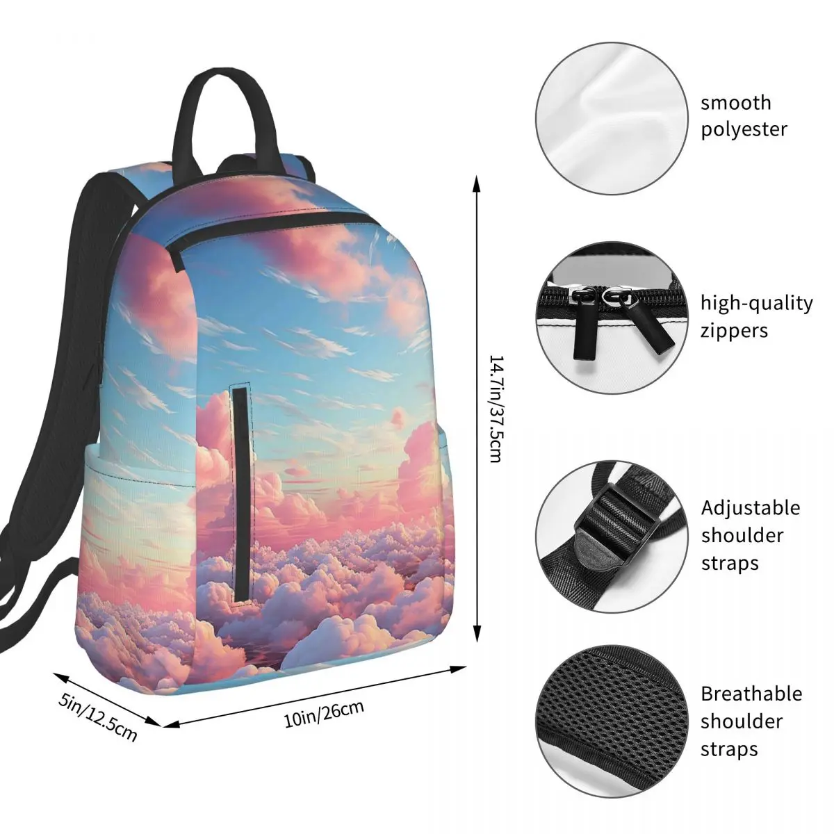 Pink Clouds Sky Large Sunset Glow Backpack Student BookBag Kids School Bag Laptop Shoulder Bags Men Women