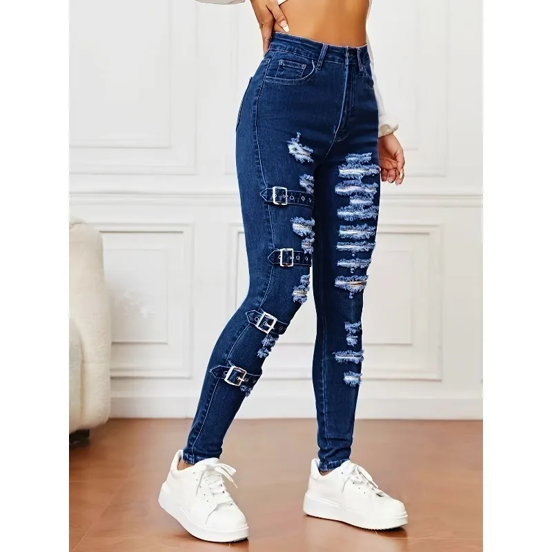 2026 New Four Seasons Ladies Elastic Casual Fashion Joker Buckle Hole Tight Jeans, Birthday Gifts, Gifts.