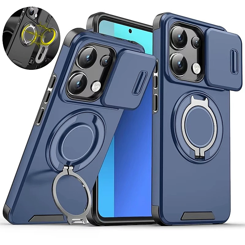 Para xiaomi poco m6 pro 4g caso lente deslizante proteger armadura funda para pocom6pro pocus pequeno m 6 pro m6pro anel magnético suporte capa