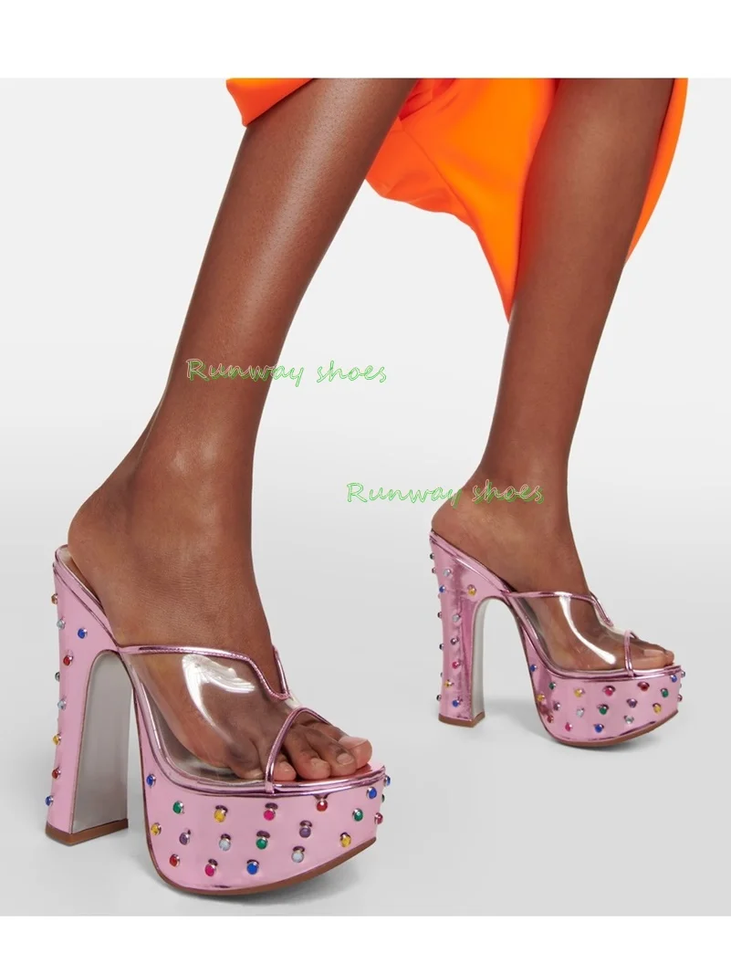 Pink Mirror Finish Metal Texture Slippers Transparent Material Color Circle Rhinestone Ultra-High Platform Sole Root Shoes 2026