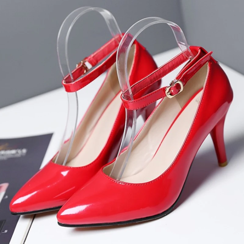 Fashion Women\'s Pumps Shoes Elegant Ankle Straps Thin High Heels Red Nude Heeled Office Party Wedding Shoes Woman Large Size 46