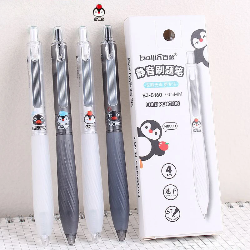 Anime Kawaii Pingu 4pcs/Set Black Gel Pen 0.5mm Lack Ink Signature Pen School Writing Supplies Stationery Children Festivalgift