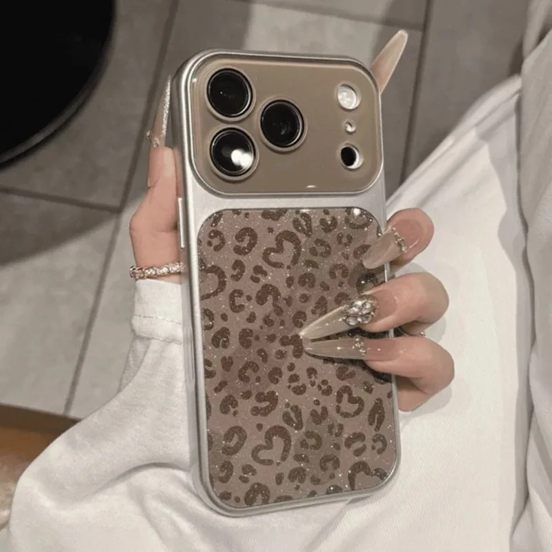 Luxury Glitter Heart Leopard Print Crystal Lens Protect Case For iPhone 17 16 15 14 13 18 Pro Max Instantly Change Matte Cover view 2