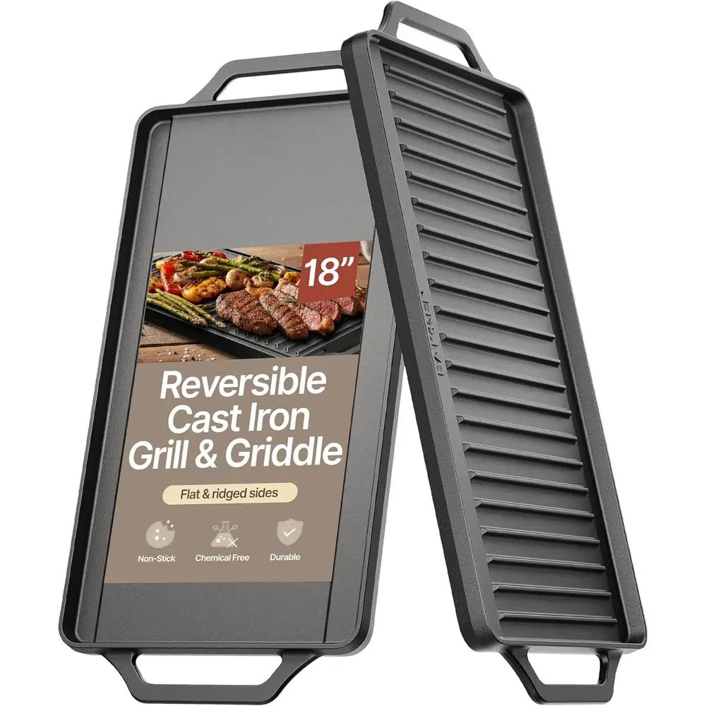 

18 Dual-Sided Cast Iron Griddle - Nonstick, Pre-Seasoned, Oven and Campfire Safe, Includes Mitt